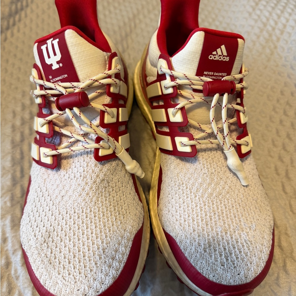 adidas White and Red Athletic Running Shoes with Lace Lock
